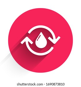 White Recycle clean aqua icon isolated with long shadow. Drop of water with sign recycling. Red circle button. Vector Illustration