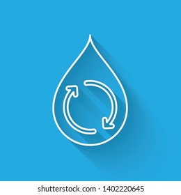 White Recycle clean aqua line icon isolated with long shadow. Drop of water with sign recycling. Vector Illustration