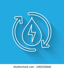 White Recycle clean aqua line icon isolated with long shadow. Water recycling energy symbol. Drop of water with recycling. Water refresh arrows. Vector Illustration