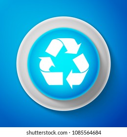 White Recycle symbol icon isolated on blue background. Environment recyclable go green. Circle blue button with white line. Vector Illustration