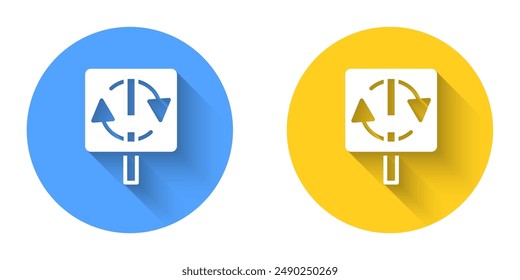 White Recycle symbol icon isolated with long shadow background. Circular arrow icon. Environment recyclable go green. Circle button. Vector