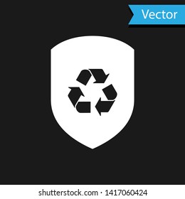 White Recycle symbol inside shield icon isolated on black background. Eco protection sign. Vector Illustration