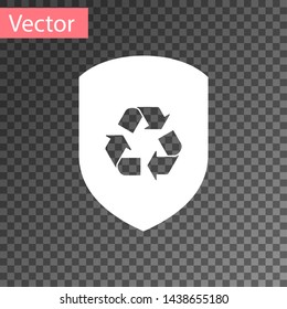 White Recycle symbol inside shield icon isolated on transparent background. Eco protection sign. Vector Illustration