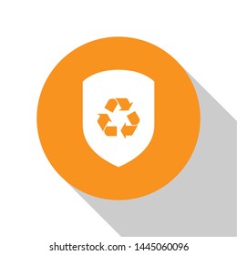 White Recycle symbol inside shield icon isolated on white background. Eco protection sign. Orange circle button. Vector Illustration