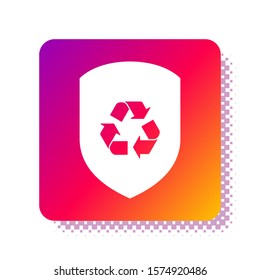 White Recycle symbol inside shield icon isolated on white background. Eco protection sign. Square color button. Vector Illustration