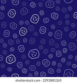 White Recycle symbol inside shield icon isolated seamless pattern on blue background. Eco protection sign.  Vector Illustration