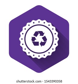 White Recycle symbol label icon isolated with long shadow. Environment recycling symbol. Purple hexagon button. Vector Illustration