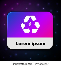 White Recycle symbol and leaf icon isolated on black background. Environment recyclable go green. Rectangle color button. Vector Illustration