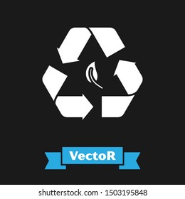 White Recycle symbol and leaf icon isolated on black background. Environment recyclable go green.  Vector Illustration