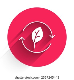 White Recycle symbol with leaf icon isolated with long shadow background. Circular arrow icon. Environment recyclable go green. Red circle button. Vector