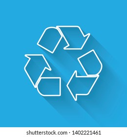 White Recycle symbol line icon isolated with long shadow. Circular arrow icon. Environment recyclable go green. Vector Illustration