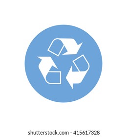 White recycle vector icon. Blue circle. Blue button