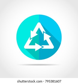White recycling sign in flat design with long shadow. Vector illustration. Simple recycling icon on blue round button.