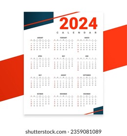 white and red 2024 new year annual calendar layout design vector