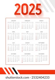 branco vermelho 2025 calendário mensal modelo semana início domingo vetor