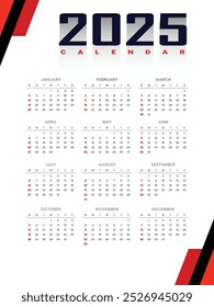 white red 2025 new year calendar template vector