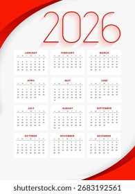 Blanco Rojo 2026 Vector de diseño de calendario de página completa