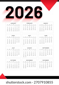 Blanco Rojo 2026 Vector de diseño de calendario de eventos mensual