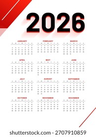Blanco Rojo 2026 Año Nuevo Diseño de calendario de pared Organizar eventos Vector