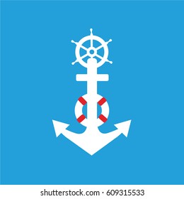 white & red anchor of ship vector icon isolated with Life Buoy or saver illustration & clean simple nautical rudder ship helm wheel. modern Marine Equipment on light blue background flat design style