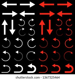 White and red arrows. Collection of arrows. Graphic design elements. Different arrows isolated on dark background. Vector illustration.