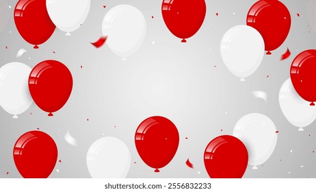 White And Red Balloons And Confetti On Gray Background With Copy Space. Vector Illustration. Celebration Banner. Congratulations Wallpaper. Happy Birthday