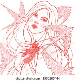 
white and red beautiful young girl holds her heart in her arms, swallows fly around 