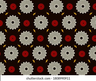 White and red bicycle cassettes with yellow lightning bolts over a black background. Vintage bike design ideal for stamps