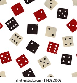 White, red and black dice. Seamless pattern background. Vector illustration. Casino and gambling.