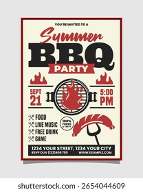 Modelo De Convite De Pôster Vertical De Festa De churrasco De Verão Ilustrativo Branco, Vermelho E Preto