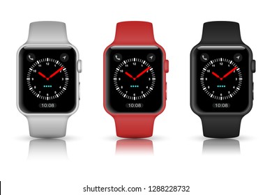 White, red and black smart watch - new gadget with time on display. Vector illustration of an three electronic devices with clock face оn screen.