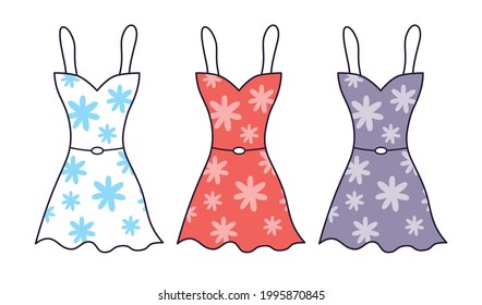 Mini vestido blanco, rojo y negro de verano con el patrón de flores aislado conjunto de vectores de dibujos animados.