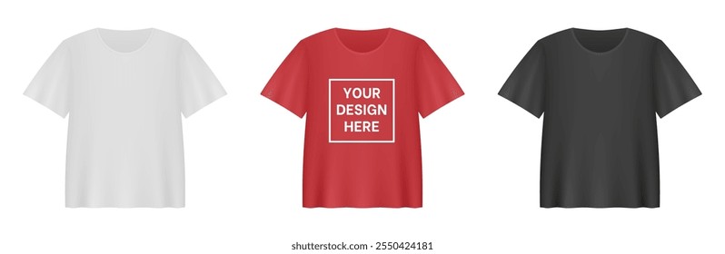 White, red and black T-shirts. Realistic 3d mockup of T-shirt with short sleeves. Empty space for your design. Print shop