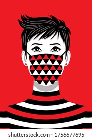 White, red and black vector illustration of a medium shot of a pretty woman with short black hair and a mask with a triangle pattern and a striped sweater