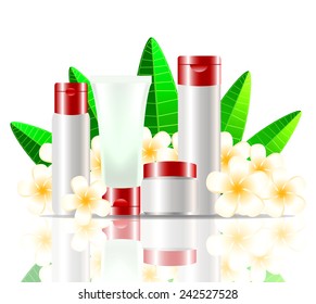  White and Red Blank Cosmetic Tubes on White Background decorate with flower, isolated on White Background. Place for your text. Vector