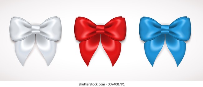 White, Red and Blue Bows for Gift, Invitation Decorative Cards, Voucher Design. Vector Illustration.