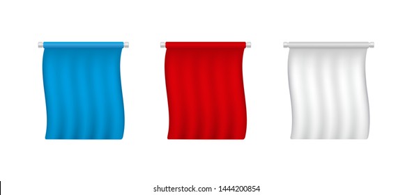 White, red, blue empty pennant templates. Advertising blank banner set. Realistic 3D flags isolated on a white background
