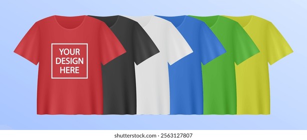 White, red, blue, green, yellow and black T-shirts. Realistic 3d mockup of T-shirt with short sleeves. Empty space for your design. Print shop	