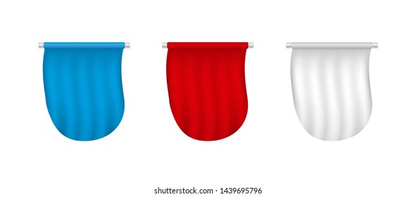 White, red, blue realistic 3D flags. Advertising blank banner set. Empty pennant templates isolated on a white background.