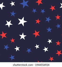 White, Red and Blue Stars Seamless Pattern. American motive texture.