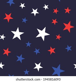 White, Red and Blue Stars Seamless Pattern. American motive texture.