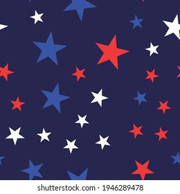White, Red and Blue Stars Seamless Pattern. American motive texture.