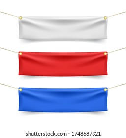 White Red and Blue Textile Banners with Folds with Ropes on White Background . Isolated Vector Elements 