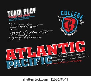 White, red and blue texts with around logo on black background. Vector illustration.