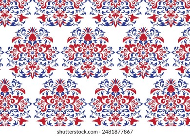 White, red, blueikat abstract ethnic art. Seamless pattern in tribal, folk embroidery style. Aztec geometric art ornament print.