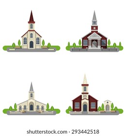 White and red brick churches and chapels with gardens flat color decorative icon set isolated vector illustration 