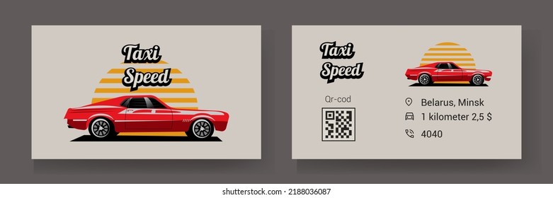 white and red business card taxi card with the image of a taxi car. the reverse side of the business card with contacts.