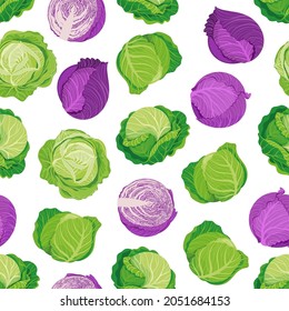 White and red cabbage. Seamless pattern with cabbage on a white background. Vector illustration of fresh vegetables in cartoon simple flat style.