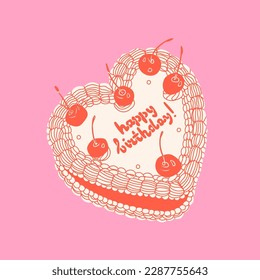 White and red Cake with cherries and cream. Happy birthday text. Retro style. Sweet tasty food. Hand drawn trendy Vector illustration. Isolated design element. Party, celebration, birthday concept