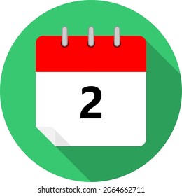 white and red calendar page with day 2 written in black and a green circle background whith shadows clipart vector editable changeable image